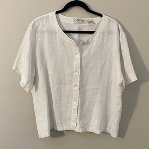 Orvis 100% Linen White Button-Front Short Sleeve Blouse